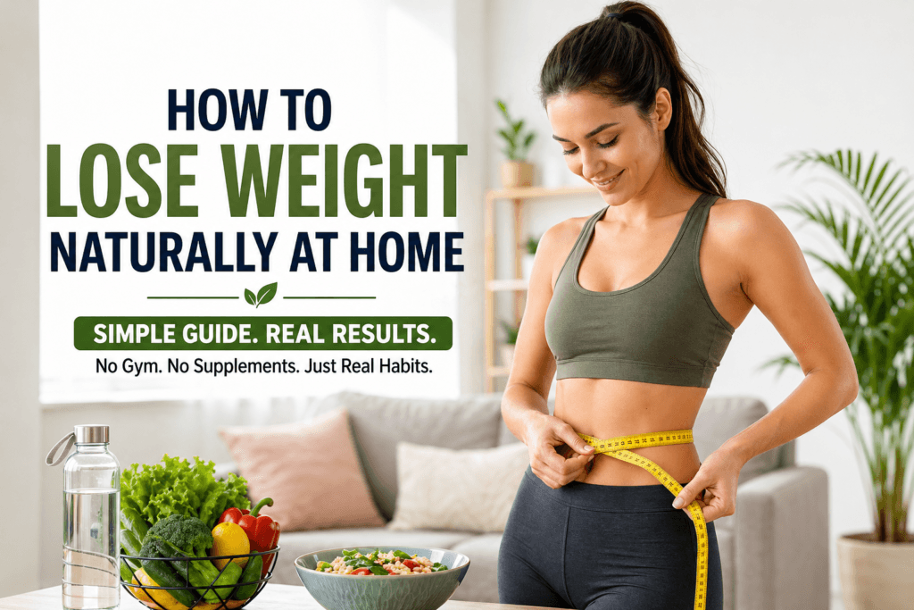 Woman measuring waist at home showing how to lose weight naturally at home