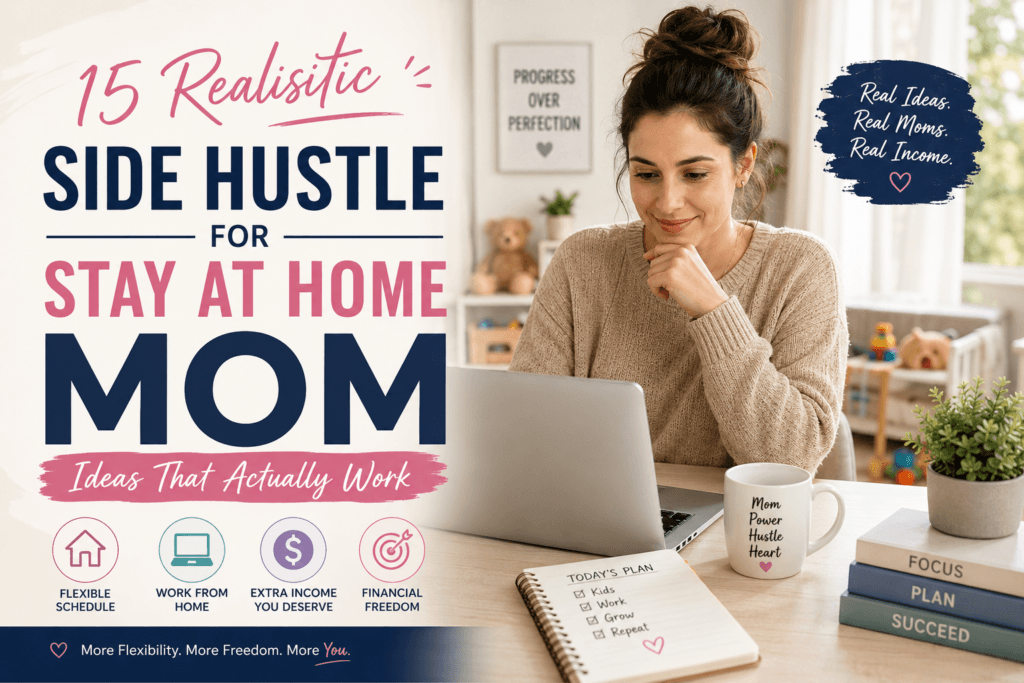 A stay-at-home mom working on her laptop at home with a coffee mug and planner on the desk — side hustle for stay at home mom